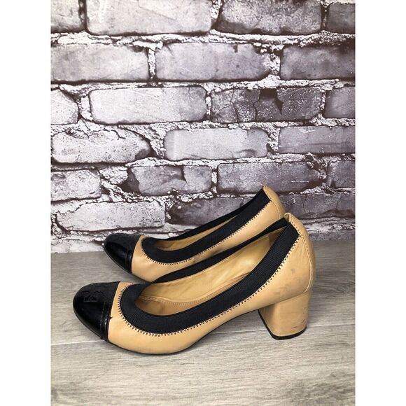 Tory Burch Tan Leather Black Patent Leather Block Heels Women’s Sz 8.5M US/39EU - Picture 1 of 16